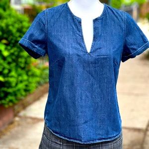 Deep Indigo Split Collar Denim Top w Cuffed Sleeves and Round Hem by Madewell,XS